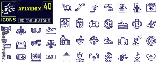Aviation icon line. Flight Navigation, Airplane Cockpit, Pilot Uniform icons .