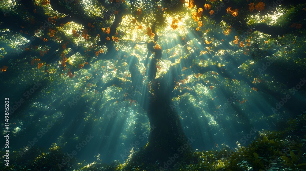 Fototapeta premium Magical Forest Sunlight, Trees, Leaves, Nature, Light, Green, Golden, Landscape, Rays, Scene