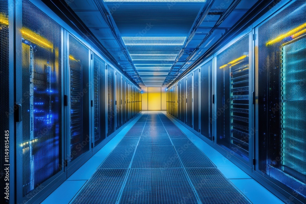 Data center interior with illuminated racks and blue lighting showcasing advanced technology