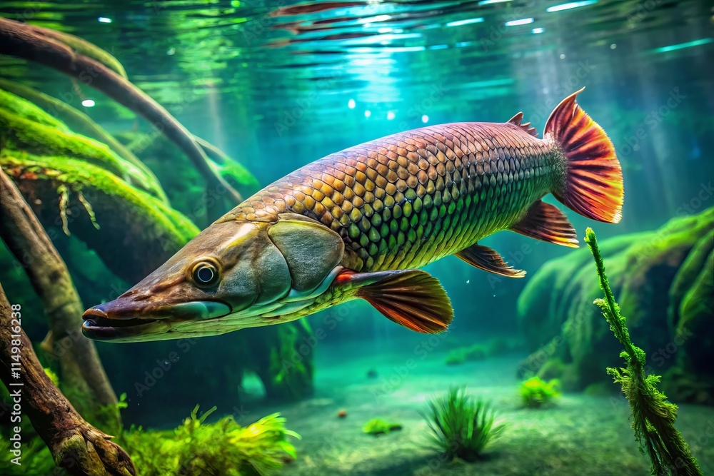 Fototapeta premium Arapaima Gigas: Underwater Giant - Pirarucu Fish Medium Shot