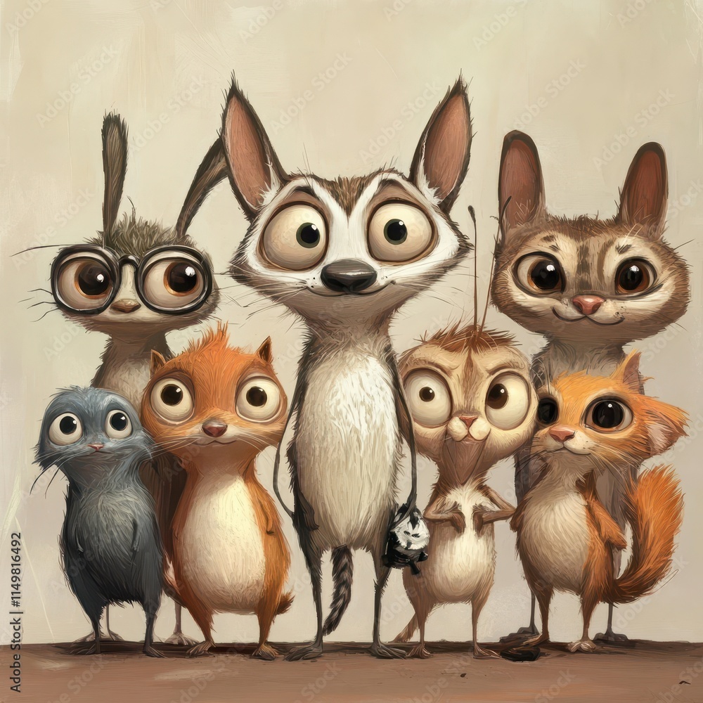 Fototapeta premium Adorable Group of Cartoon Animals Posing Together