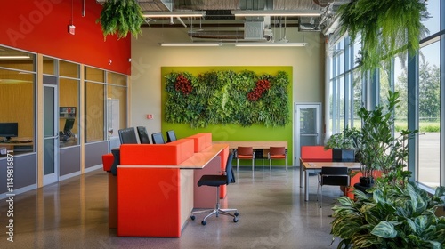 Modern co-working space with bright red and orange modular desks, a green accent wall, and plants scattered around to create a refreshing workspace photo