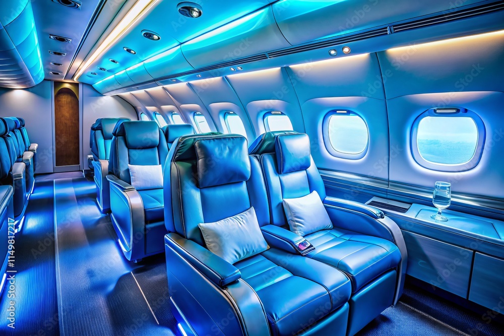 Fototapeta premium Blue Lit Airplane Business Class Seats: Luxury Travel Photography