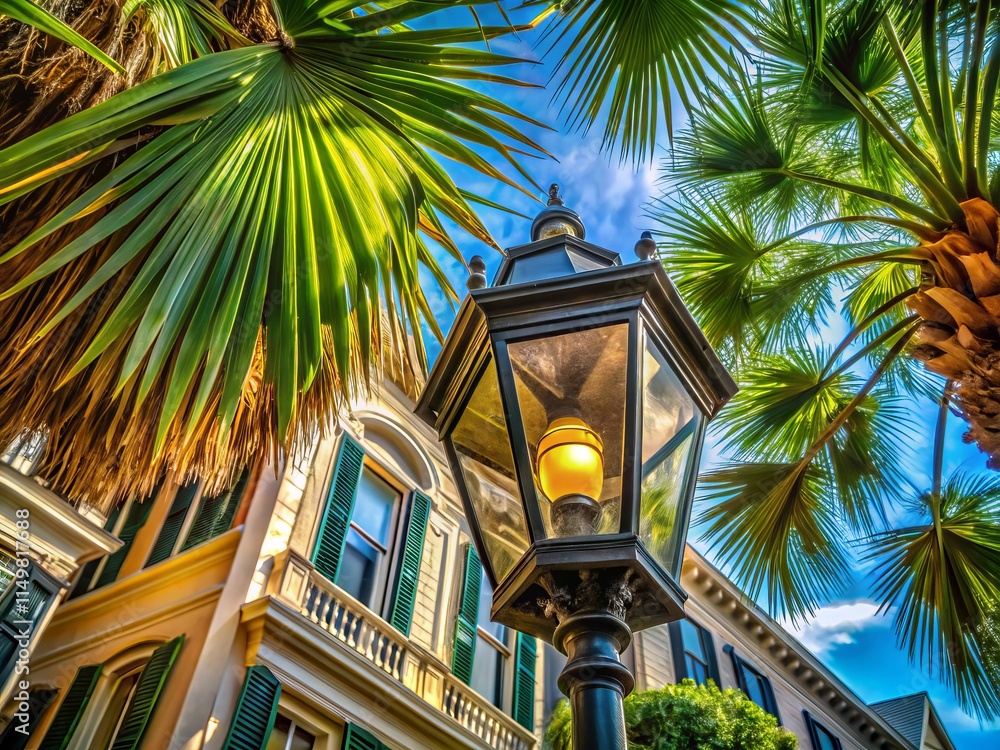 Obraz premium Charleston SC: Worm's Eye View of Gas Lantern & Palmetto - Antebellum Lowcountry Charm