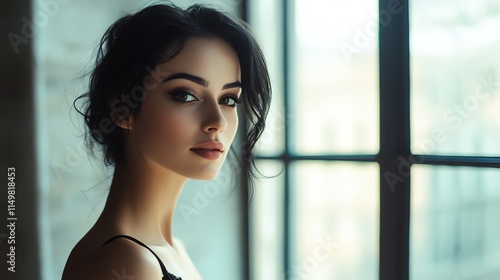 A beautiful woman with dark hair and makeup looks at the camera, standing near a window. Free Download A beautiful woman with dark hair and makeup looks at the camera, standing near a window. - GFXLoad