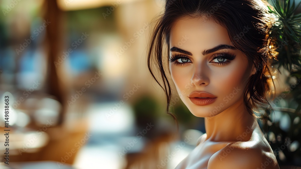 A woman with dark hair and makeup looks at the camera. A woman with dark hair and makeup looks at the camera.