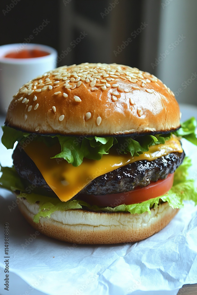 Classic cheeseburger with sesame bun, juicy beef patty, fresh lettuce, tomato slice, and melted cheddar cheese ideal for fast food menus, advertisements, and culinary blogs showcasing traditional comf Classic cheeseburger with sesame bun, juicy beef patty, fresh lettuce, tomato slice, and melted cheddar cheese ideal for fast food menus, advertisements, and culinary blogs showcasing traditional comf