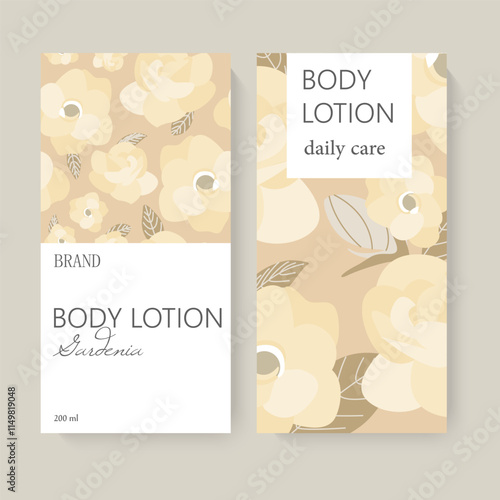A design featuring body lotion packaging with floral patterns, soft colors, and simple layout on a light background