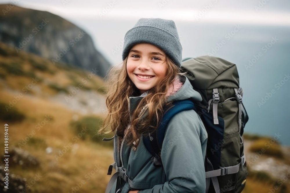 Portrait of a smiling girl with backpack standing on top of a mountain Portrait of a smiling girl with backpack standing on top of a mountain