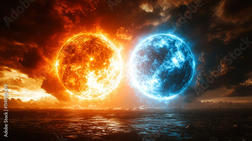Fiery and icy celestial bodies clash over a dark ocean.