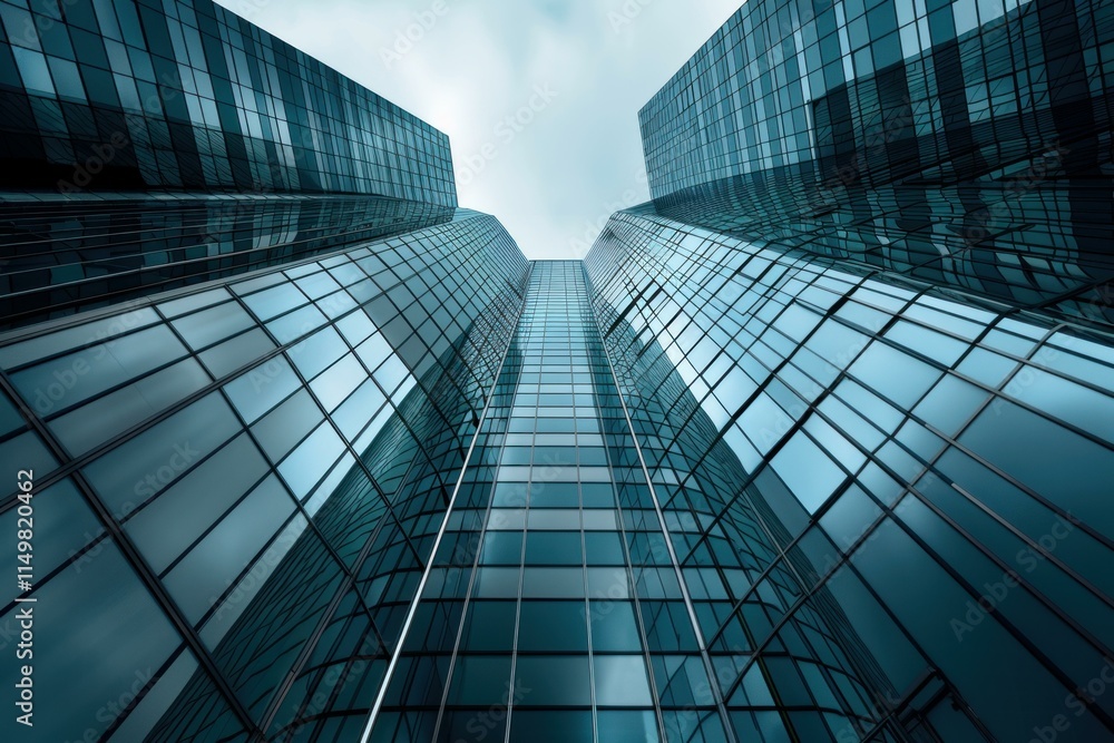 Low angle view of modern skyscrapers reflecting cloudy sky, symbolizing growth and success in business district Low angle view of modern skyscrapers reflecting cloudy sky, symbolizing growth and success in business district