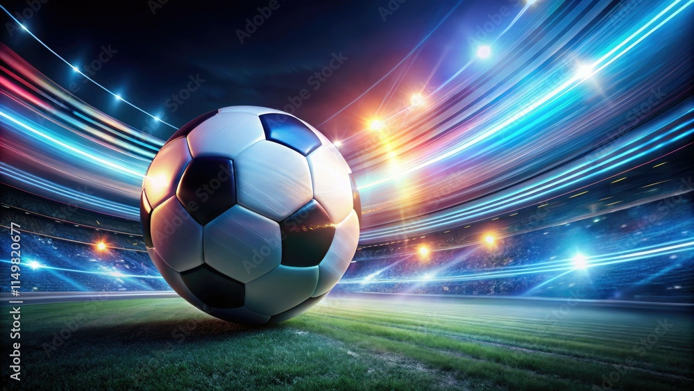 Naklejka premium Night stadium lights illuminate a motion-blurred soccer ball, capturing dynamic action in a long exposure.