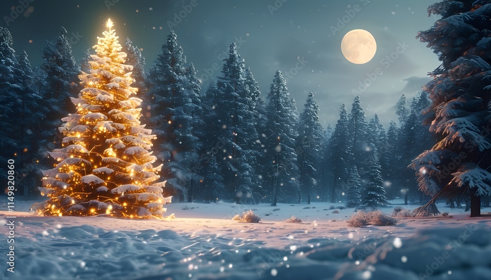 A stunning winter scene with a glowing Christmas tree in a snow-covered forest under a full moon. Perfect for holiday designs, festive cards, and seasonal promotions, capturing the magic of Christmas A stunning winter scene with a glowing Christmas tree in a snow-covered forest under a full moon. Perfect for holiday designs, festive cards, and seasonal promotions, capturing the magic of Christmas
