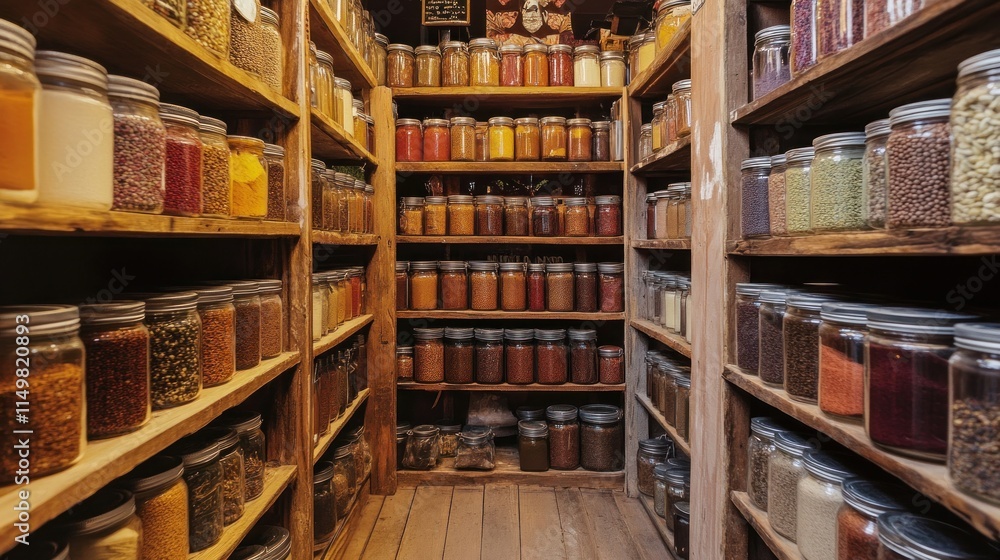 A Wall of Glass Jars Filled with Spices and Grains A Wall of Glass Jars Filled with Spices and Grains