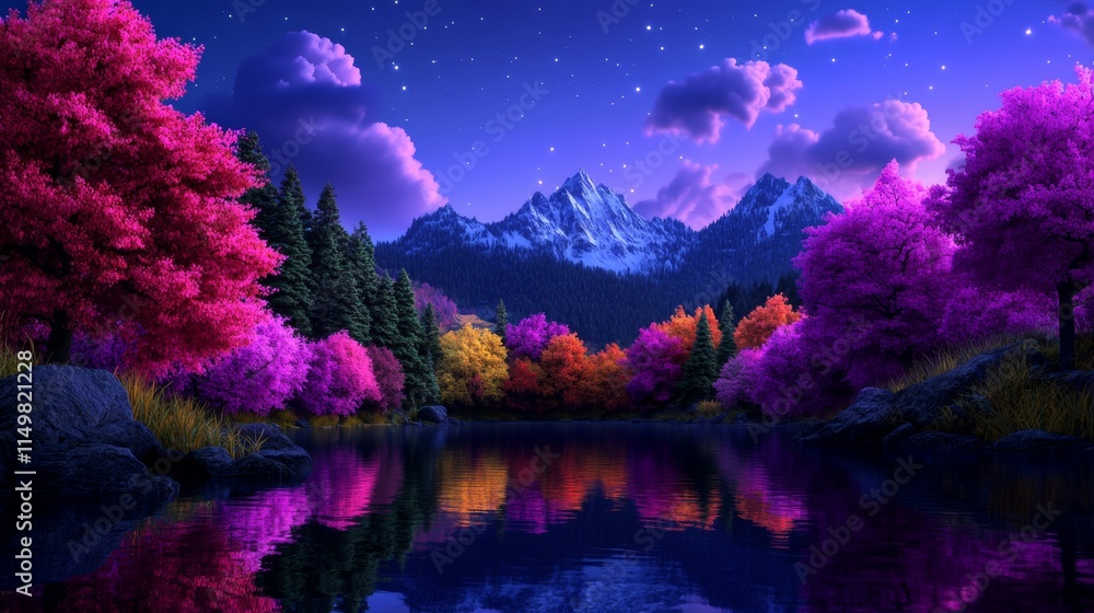 Surreal Night Landscape Vibrant Autumn Trees Reflecting in a Calm Lake Under a Starry Sky Surreal Night Landscape Vibrant Autumn Trees Reflecting in a Calm Lake Under a Starry Sky