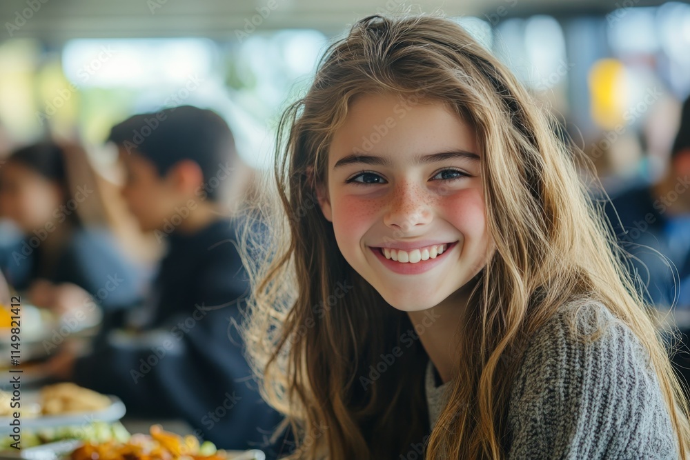 Smiling young girl in a cafeteria surrounded by friends during lunch Smiling young girl in a cafeteria surrounded by friends during lunch