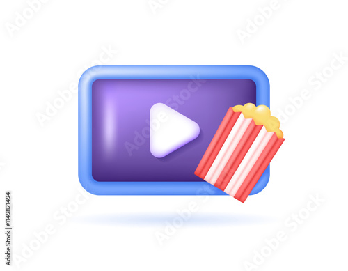 cinema concept. movie or theater. entertainment and shows. illustration of a video symbol with popcorn. symbol or icon. minimalist 3d style design. element