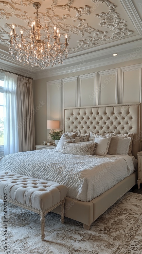 Fototapeta premium Elegant bedroom interior with luxurious bedding and chandelier lighting in a stylish home