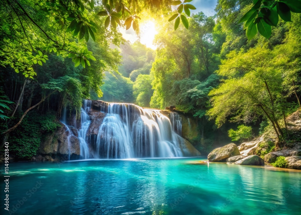 Turquoise Waterfall Bokeh Photography: Serene Nature Escape, Lush Green Foliage, Cascading Water, Crystal Clear Pool