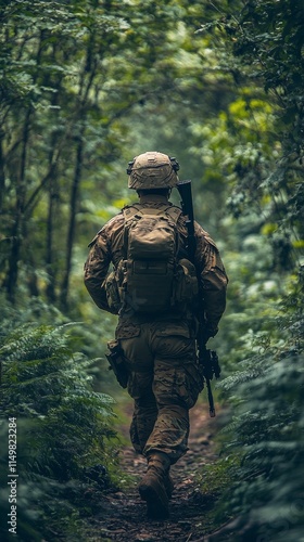 Soldier navigating through dense forest during military training exercise in natural environment