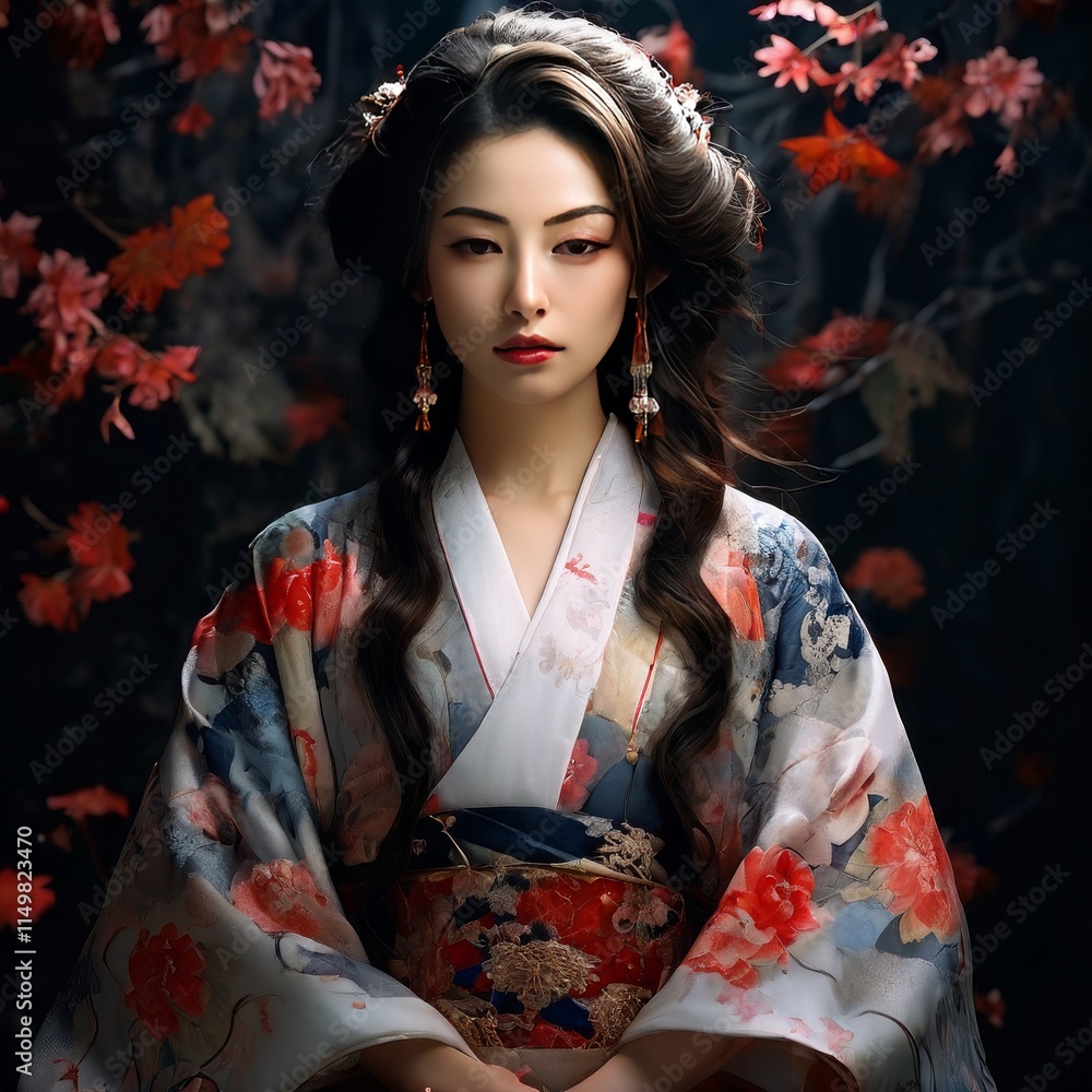 Elegant portrait of a Japanese woman wearing a floral kimono, set against a background of red autumn leaves. Her serene expression and traditional attire evoke a sense of calm and cultural beauty.. AI Elegant portrait of a Japanese woman wearing a floral kimono, set against a background of red autumn leaves. Her serene expression and traditional attire evoke a sense of calm and cultural beauty.. AI