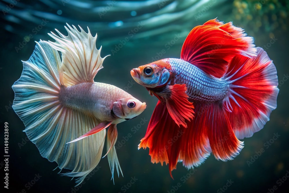 Fototapeta premium Two Siamese Fighting Fish Face Off: Red and White Betta Splendor