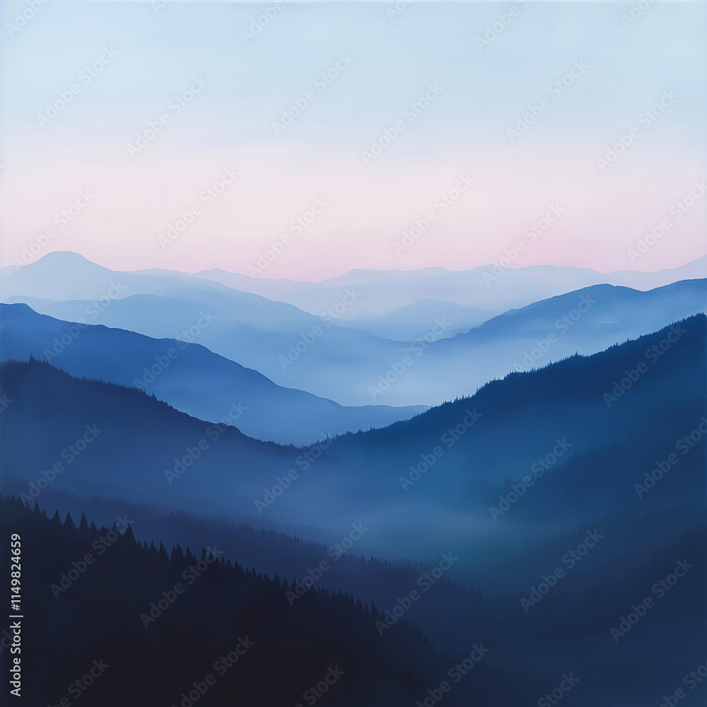 Fototapeta premium Soft hues of dawn unfold over rolling mountain ranges in serene tranquility. Generative AI
