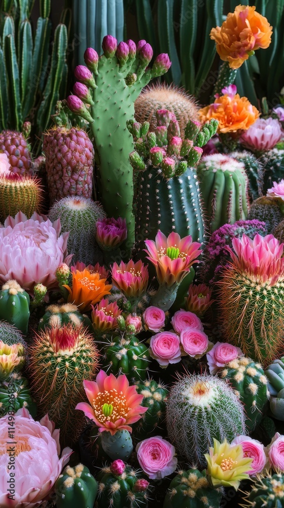 Vibrant display of diverse cacti and colorful flowers arranged in decorative pots Vibrant display of diverse cacti and colorful flowers arranged in decorative pots