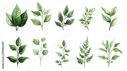 A detailed botanical wallpaper showcasing hand-drawn illustrations of different plant species with labeled parts on a light background Set of watercolor leaves on transparent background, illustration