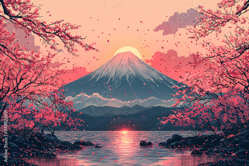 Flat illustration of the silhouette of Mount Fuji with cherry blossoms in the foreground, vector style, vibrant colors on a pale pink background.