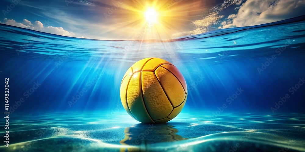Obraz premium Underwater Water Polo Ball, Sunlight Rays, Aquatic Sport, Close-up
