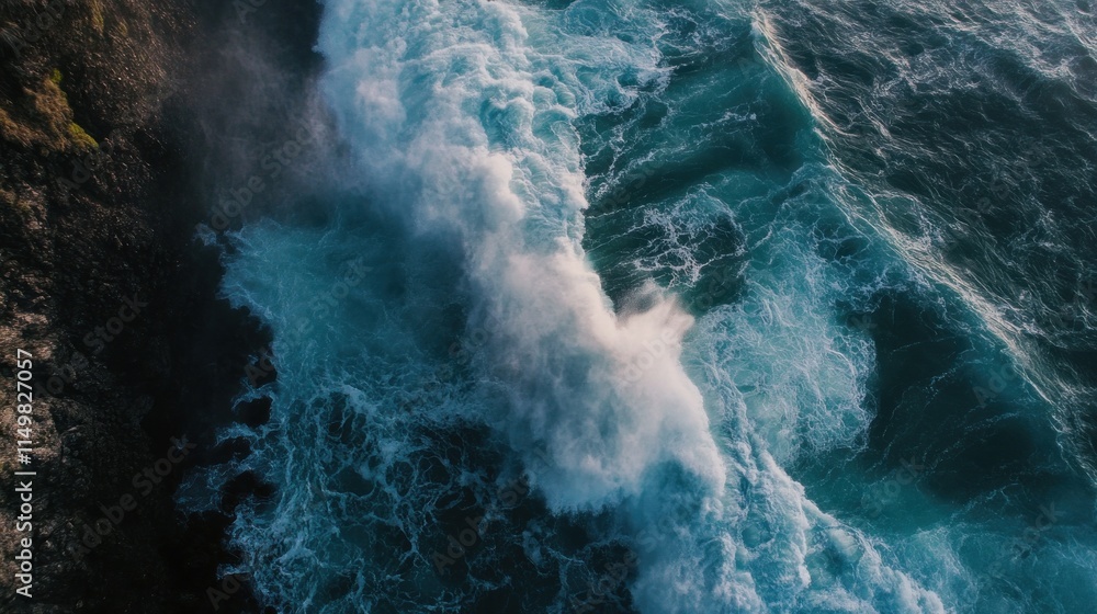 Aerial View of a Powerful Wave Crashing Against a Rocky Coast Aerial View of a Powerful Wave Crashing Against a Rocky Coast