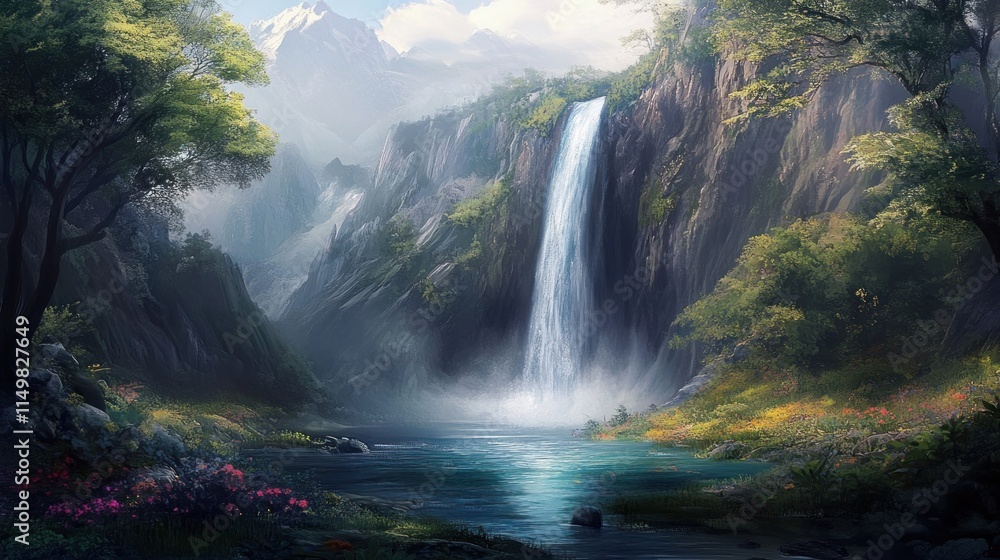 Fototapeta premium Waterfall Cascading into Tranquil Valley