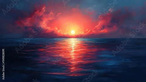 Fiery sunset reflected in dark ocean.