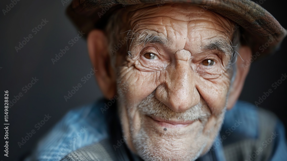 A close-up portrait of an elderly man with a warm smile, wearing a hat. A close-up portrait of an elderly man with a warm smile, wearing a hat.