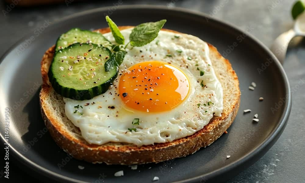 Delicious sunny-side-up egg on a slice of toasted bread garnished with fresh cucumber slices and mint leaves, showcasing a nutritious breakfast option on a dark plate. Delicious sunny-side-up egg on a slice of toasted bread garnished with fresh cucumber slices and mint leaves, showcasing a nutritious breakfast option on a dark plate.