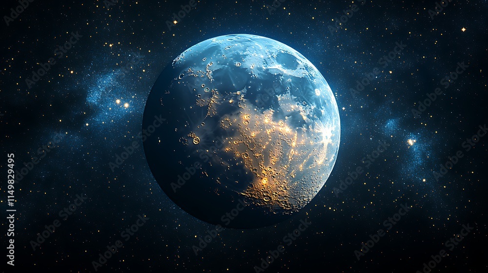Obraz premium Shining crescent moon with blue hues floats in a serene cosmic setting image