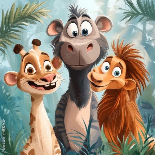 Three Adorable Cartoon Animals Pose Together In Jungle Foliage photo