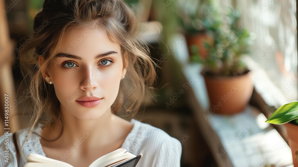 Fototapeta premium Close-up portrait of a young woman with blue eyes, looking at the camera.