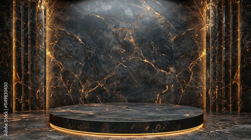 Luxurious Dark Marble Platform with Golden Veins and Ambient Lighting in Elegant Interior Setting