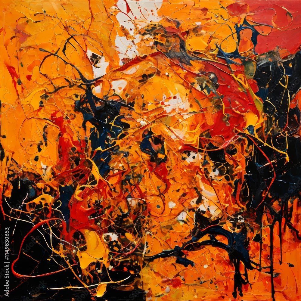 A dynamic abstract painting filled with energetic splashes and swirls of orange, black, and red. The chaotic yet balanced composition captures a sense of movement and intensity, ideal for modern art