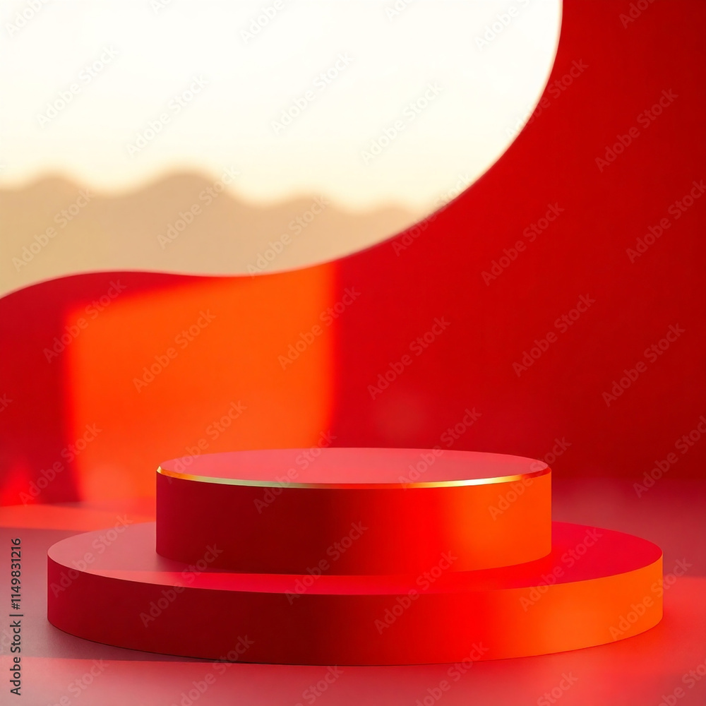 Luxurious Minimalist Red Podium with Flowing Abstract Backdrop Luxurious Minimalist Red Podium with Flowing Abstract Backdrop