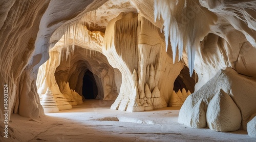  A serene and majestic natural limestone cave interior with intricate, swirling rock formations that resemble delicate fingers,generative ai photo