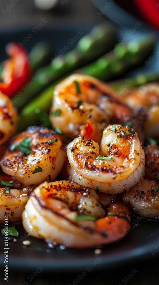 Succulent grilled shrimp served with asparagus and bell peppers on a black plate Succulent grilled shrimp served with asparagus and bell peppers on a black plate