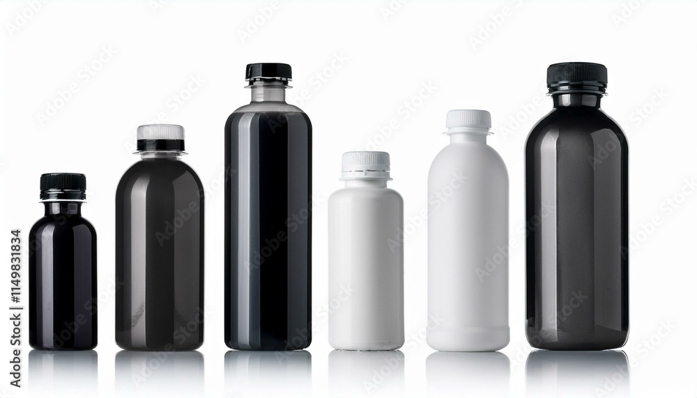 Black and white bottles - Set of black and white plastic bottles isolated white background Black and white bottles - Set of black and white plastic bottles isolated white background