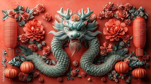 Wallpaper Mural A majestic dragon statue surrounded by flowers and fruits. Torontodigital.ca