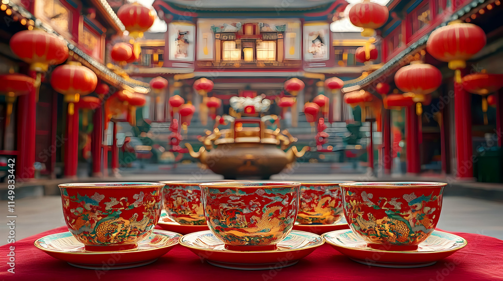 Fototapeta premium Asian Teacups Illustration Red Lanterns Temple Background