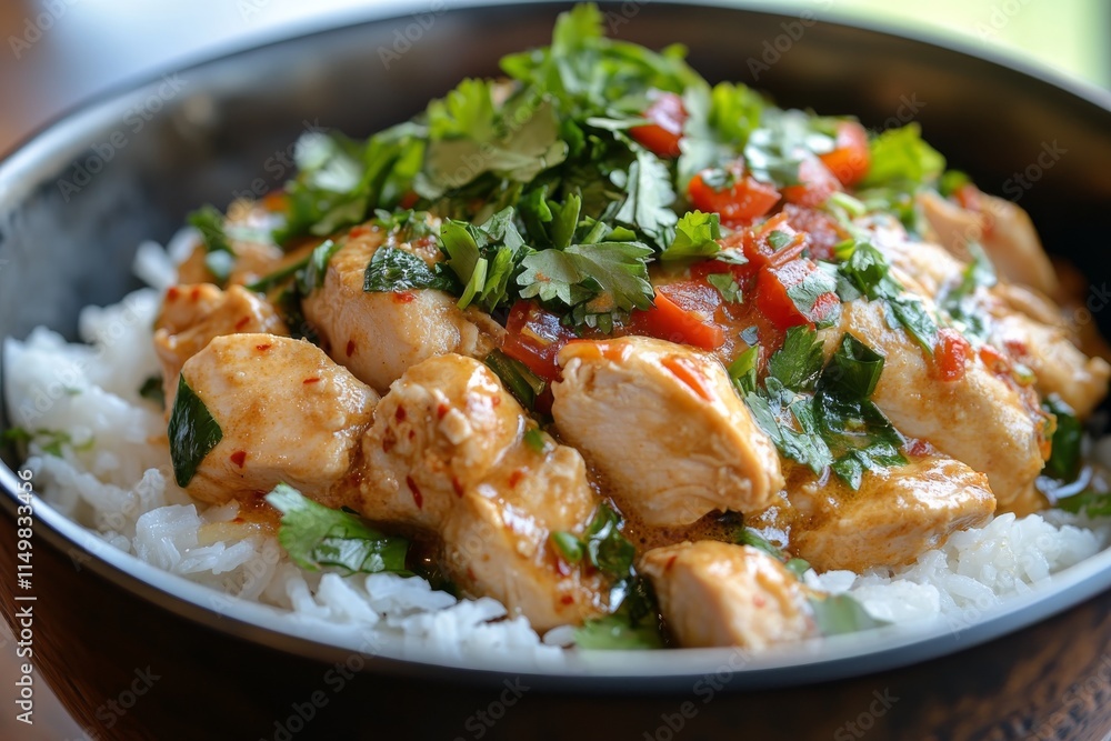 Chicken curry bowl with rice and fresh cucumber slices garnished with mint leaves Chicken curry bowl with rice and fresh cucumber slices garnished with mint leaves