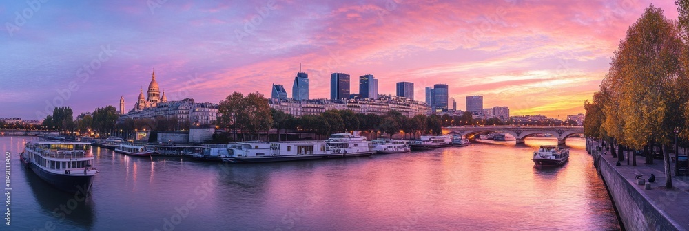 Fototapeta premium Panoramic sunset view of Paris skyline with boats on Seine River.