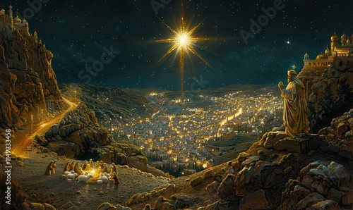 Radiant star illuminates Bethlehem, celebrating the miraculous birth of Christ in a serene nativity setting photo